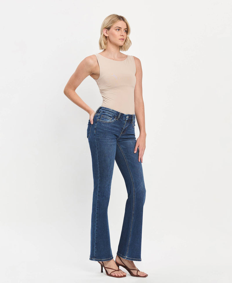 FLYING MONKEY - LOW RISE BRAIDED BELT LOOP FLARE DARK WASH JEANS