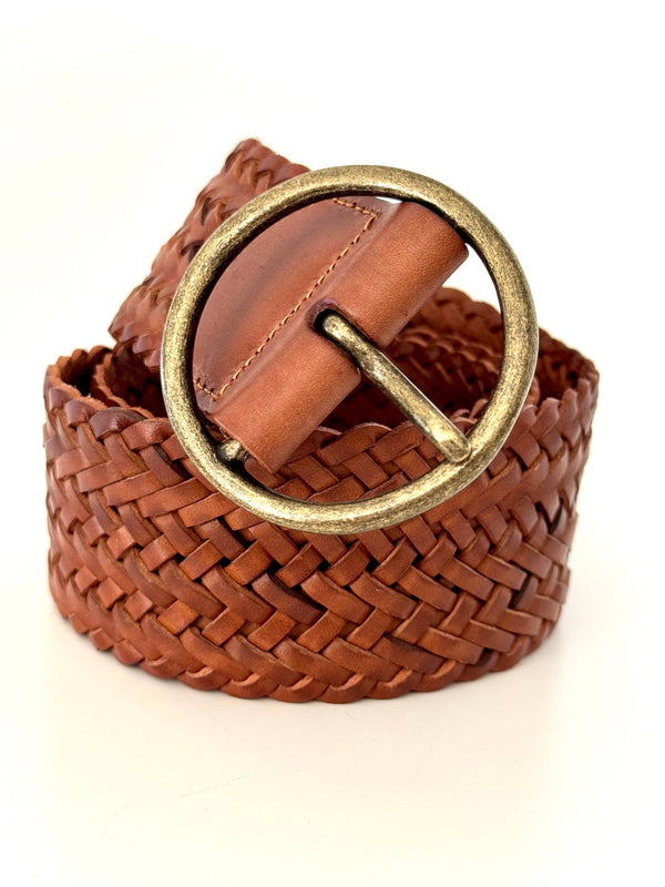 Ginger Blue - Classic Wide Braided Leather Belt in Cognac