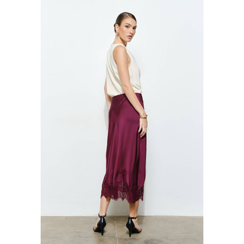 INA - Classic Silky with Lace Hem Midi Skirt: WINE