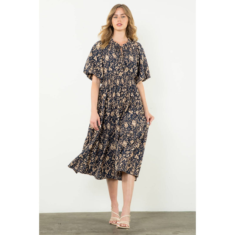 THML - Puff Sleeve Print Tiered Maxi Dress: NAVY