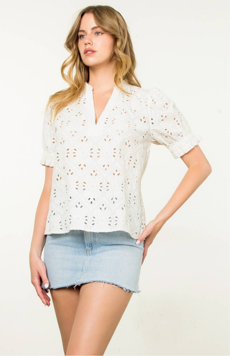 THML Short Sleeve Cream Eyelet Top