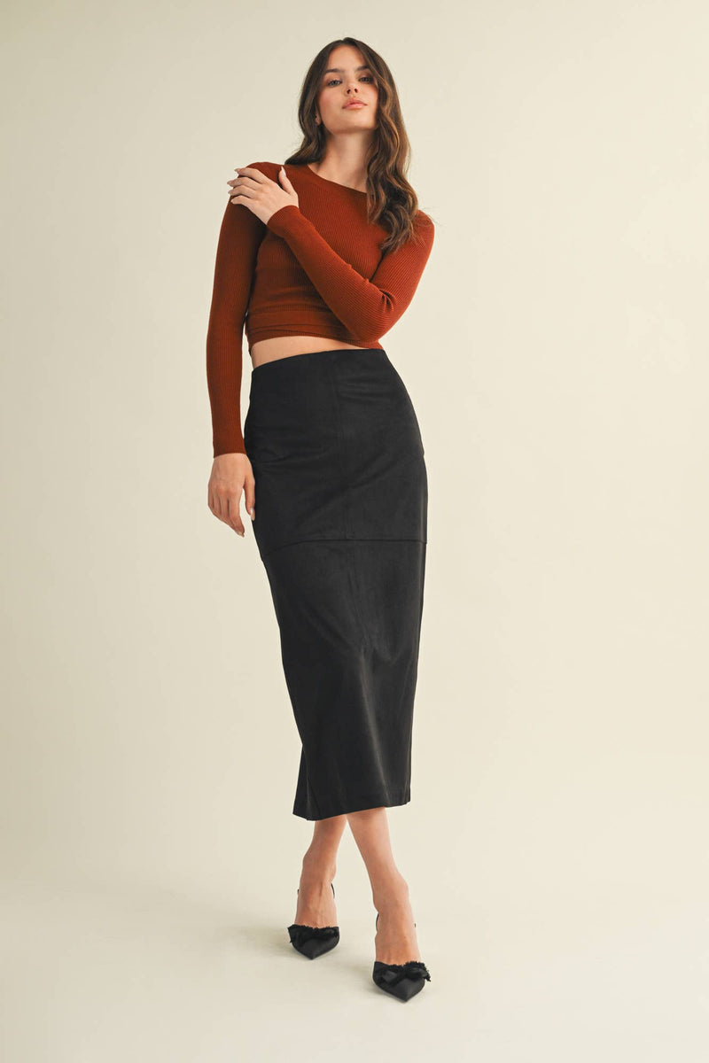 Mustard Seed - The Luxe Suede Black Midi Skirt