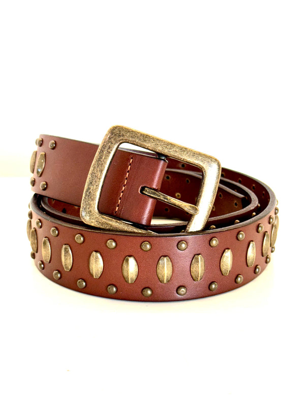 Ginger Blue: Cognac Leather with Aged Brass Studs