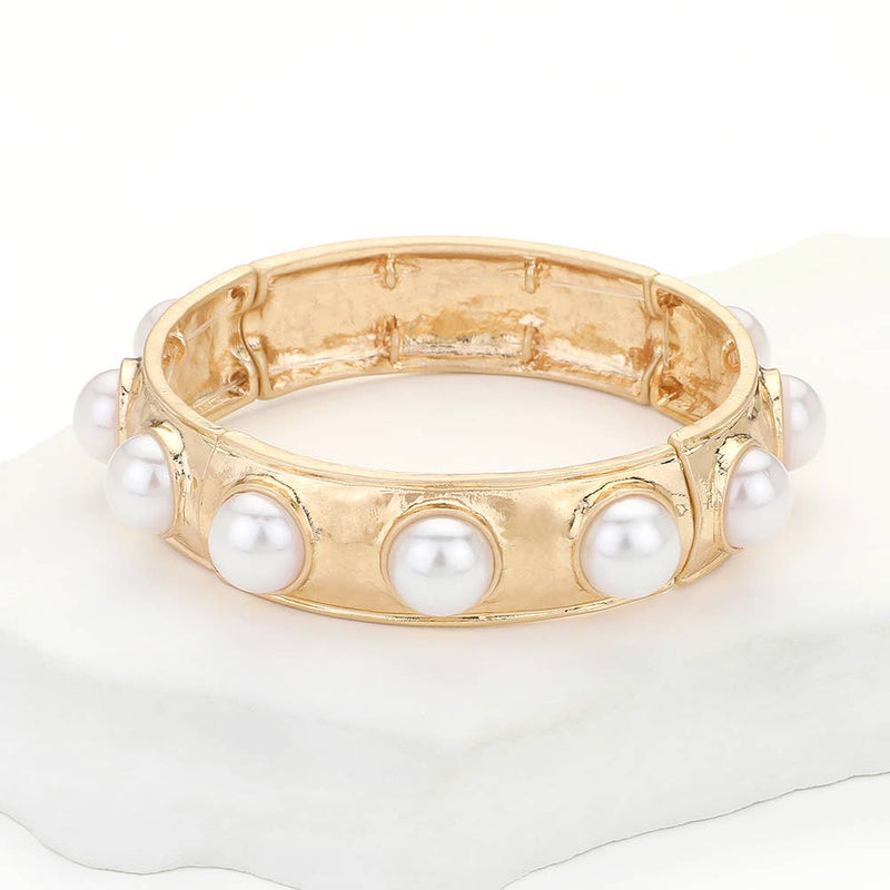 Sensibling Corp: Bead Pearl Embellished Hammered Metal Stretch Bracelet in Blue