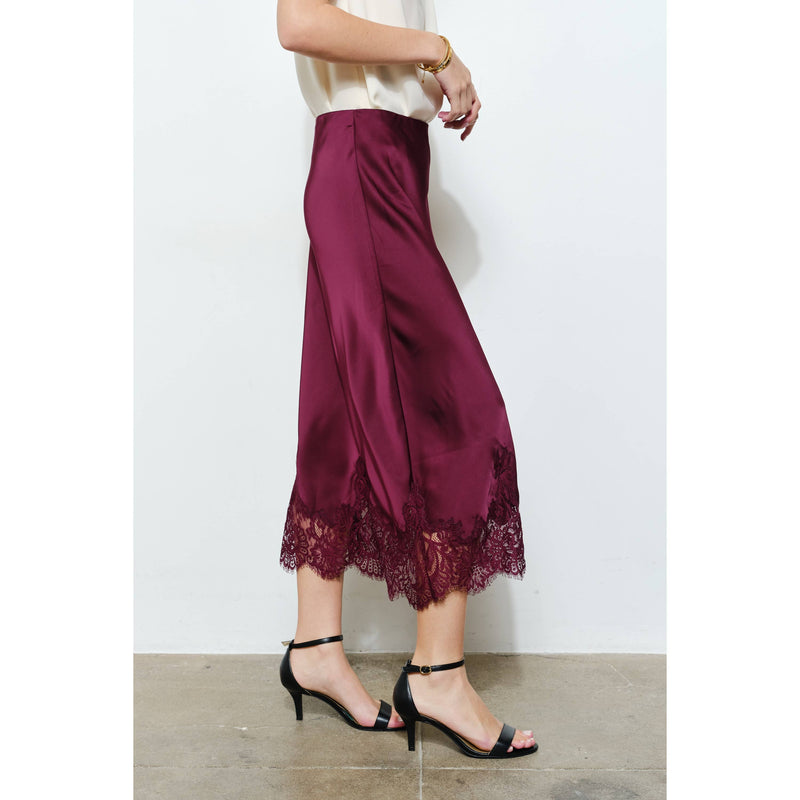 INA - Classic Silky with Lace Hem Midi Skirt: WINE