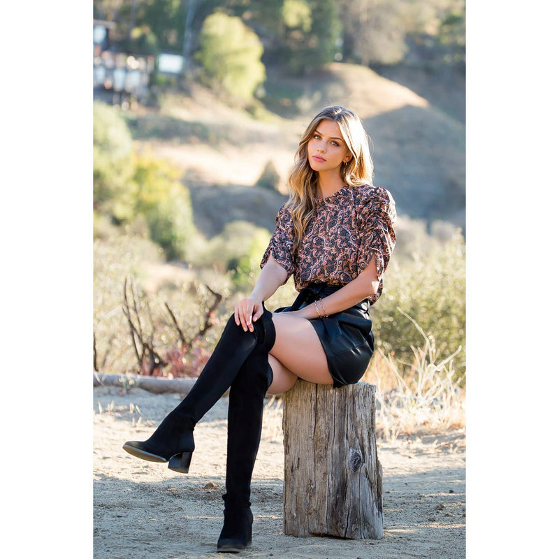 THML: Paisley Flower Print Ruched Sleeve Blouse