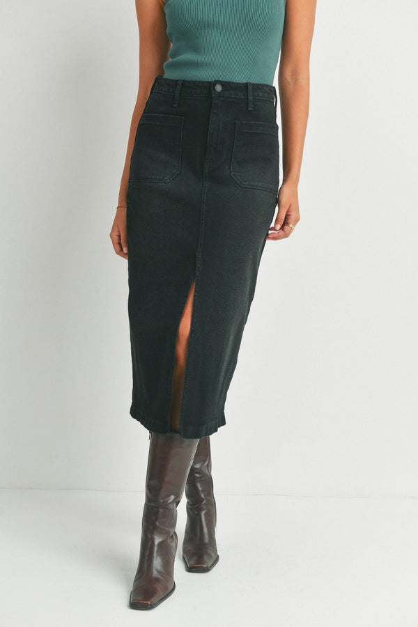 Black Utility Pocket Midi Skirt