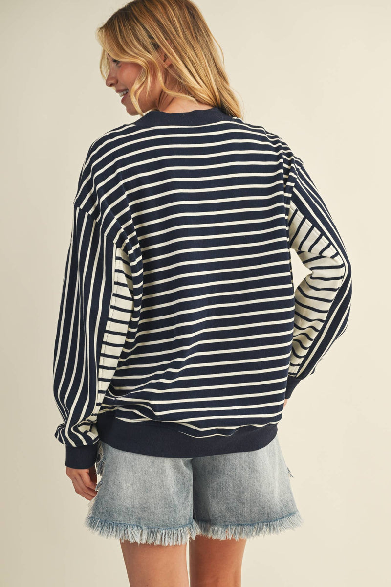 Mustard Seed: Autumn Tide Stripe V-Neck Pullover in Navy and Cream