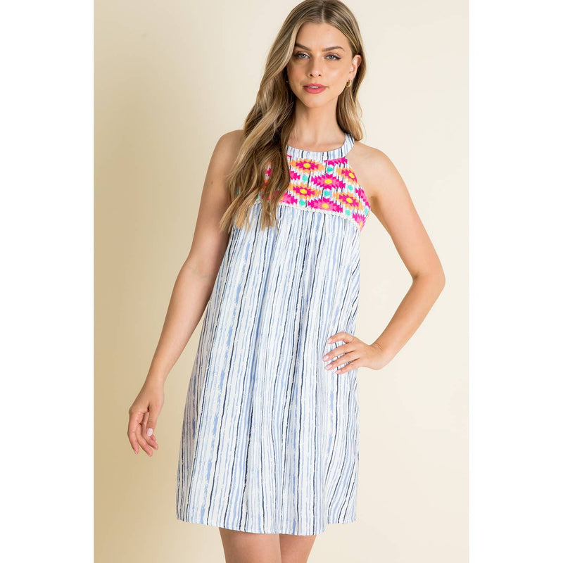 THML - Stripe Embroidered Halter Dress: