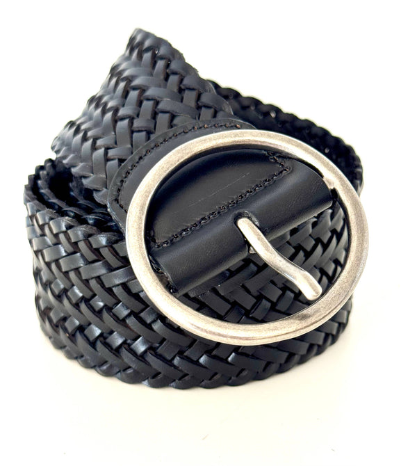 Ginger Blue - Classic Wide Braided Leather Belt in Black