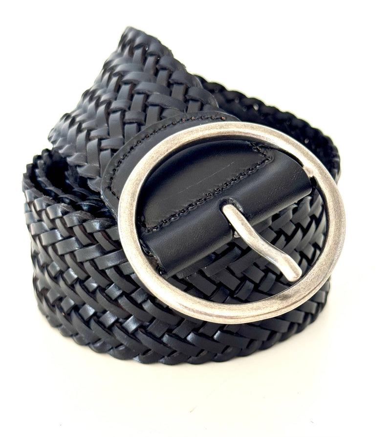Ginger Blue - Classic Wide Braided Leather Belt in Black