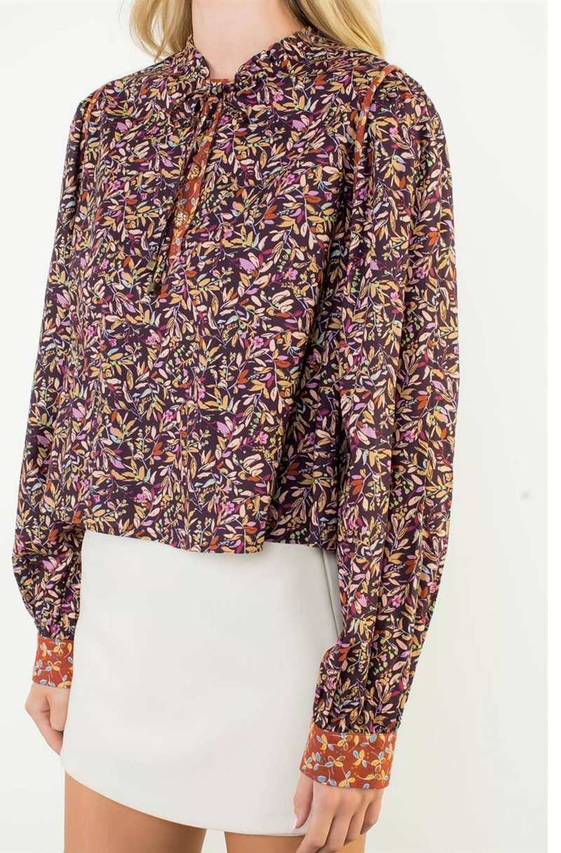 THML:  Leaf Print Band Collar Long Sleeve Blouse