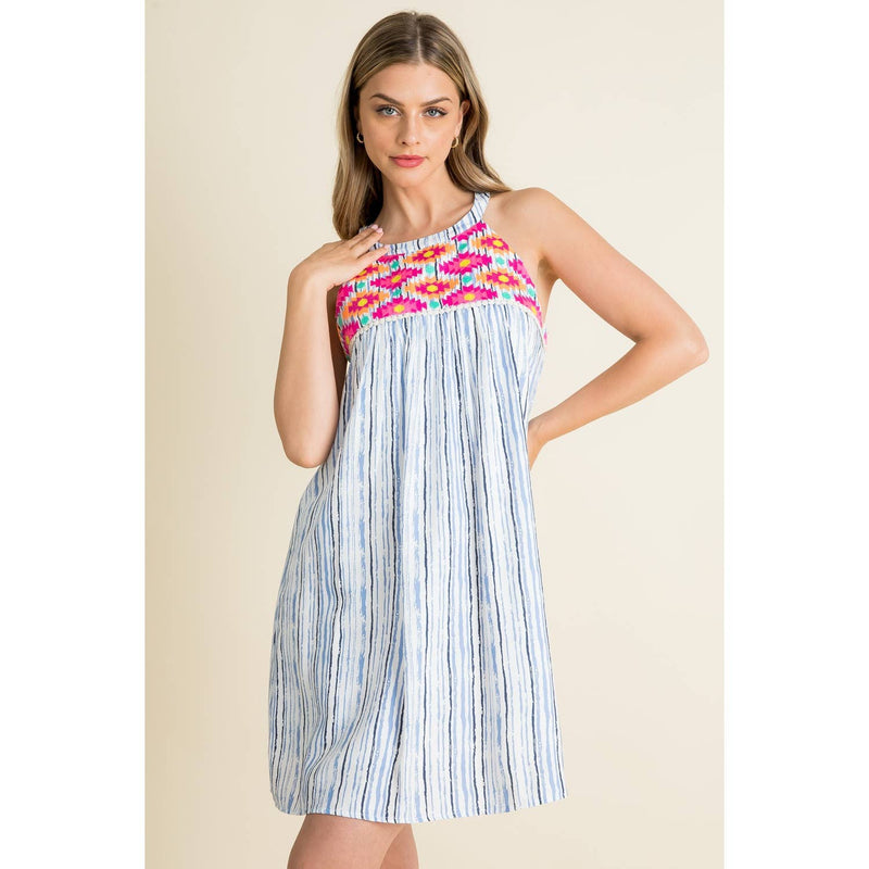 THML - Stripe Embroidered Halter Dress: