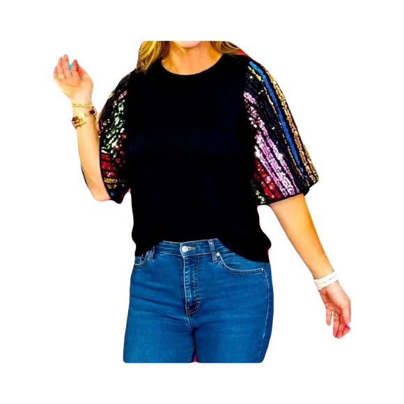 THML-BLACK KNIT PARTY TOP WITH MULTI-COLOR SLEEVE