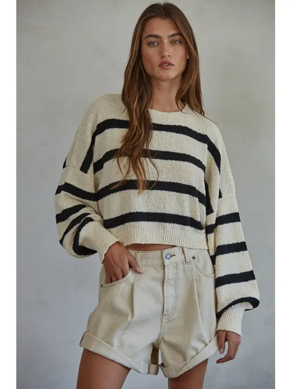 By Together: Striped Crewneck Knit Sweater in Natural & Black