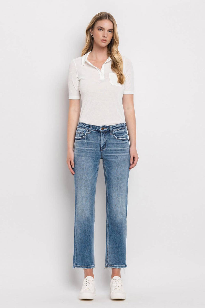 Flying Monkey Stately Jean: Mid Rise, Straight Leg, Uneven hem detail front raw and back finished