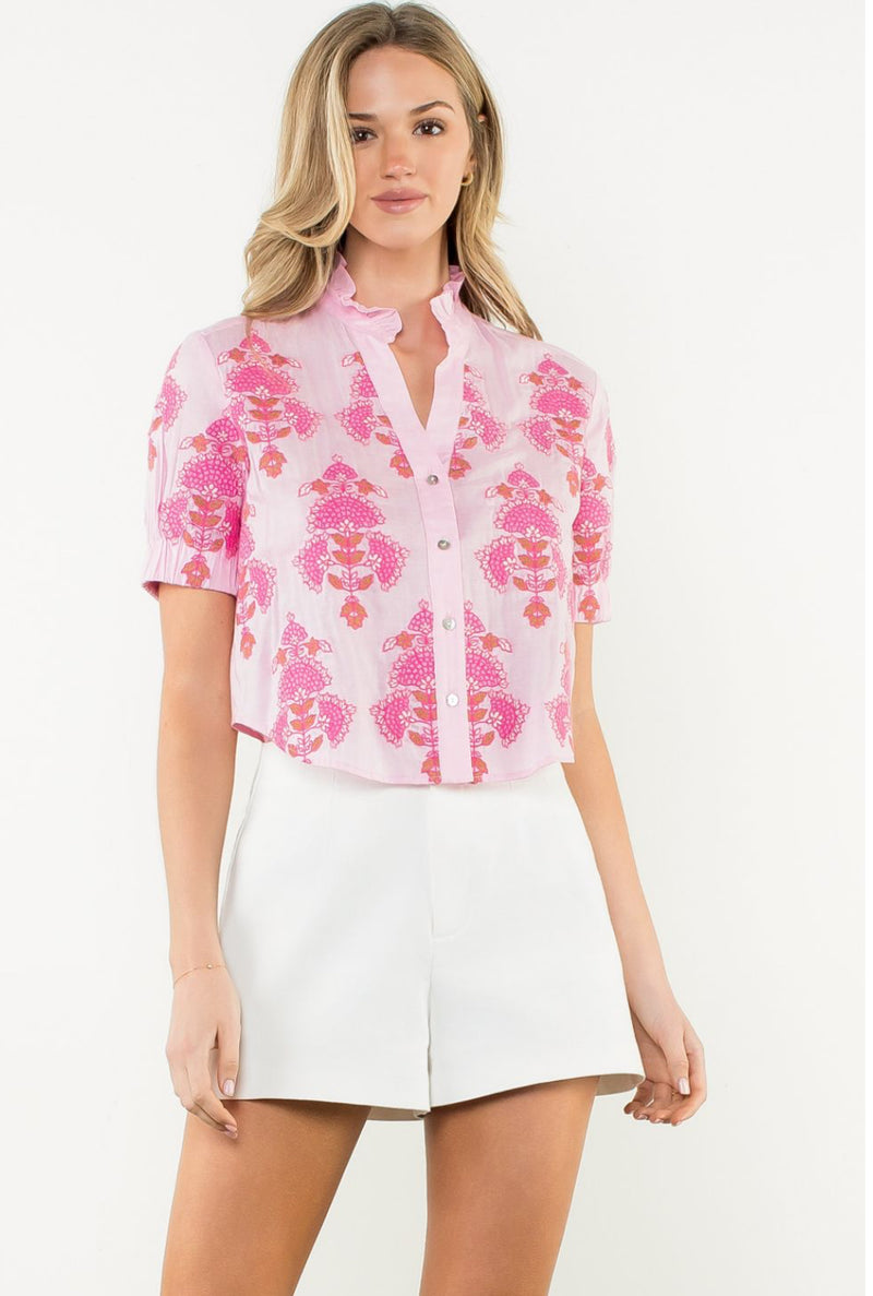 THML-Pink Short Sleeve Embroidered Top