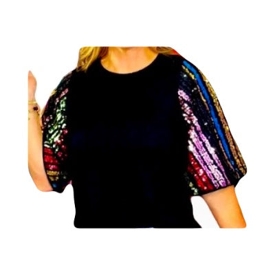 THML-BLACK KNIT PARTY TOP WITH MULTI-COLOR SLEEVE