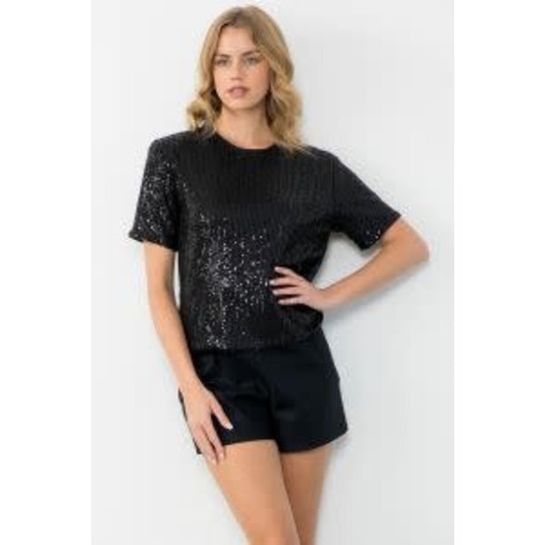 THML BLACK SEQUIN SHORT SLEEVE TOP