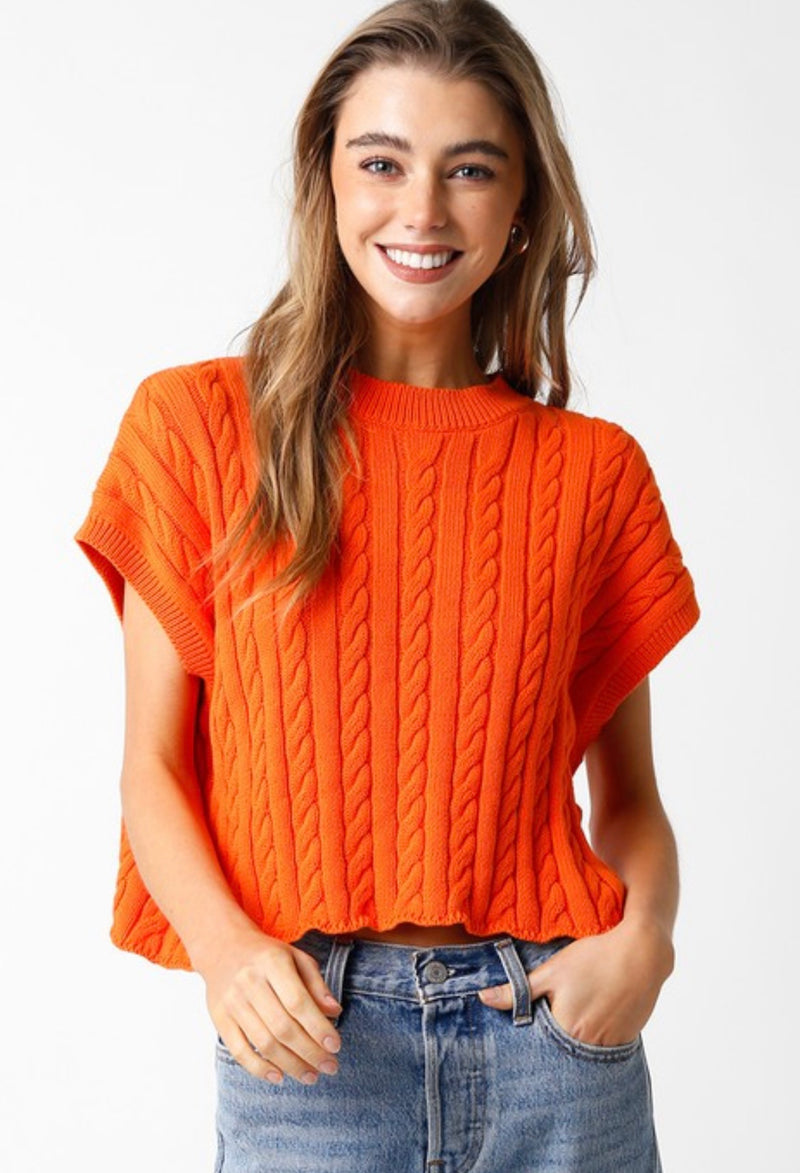 Olivaceous-Sunset Orange Short Sleeve Cable Knit Sweater Top