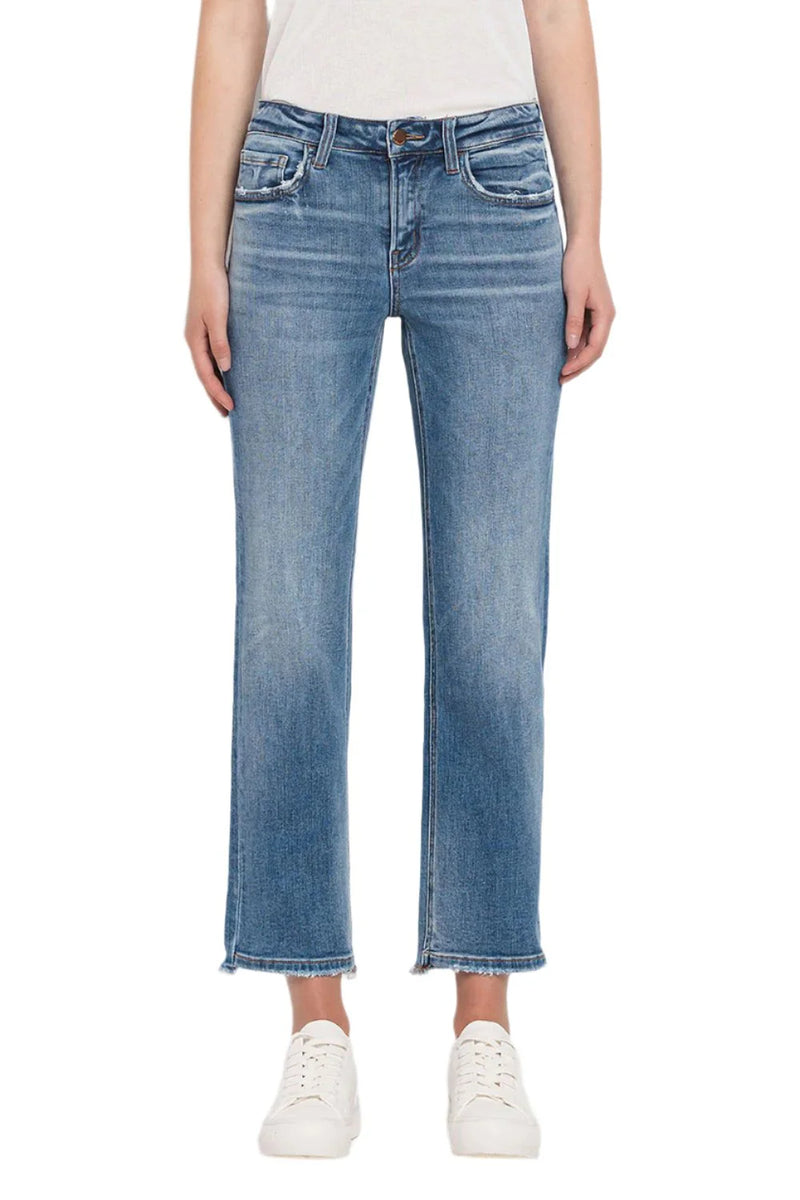 Flying Monkey Stately Jean: Mid Rise, Straight Leg, Uneven hem detail front raw and back finished