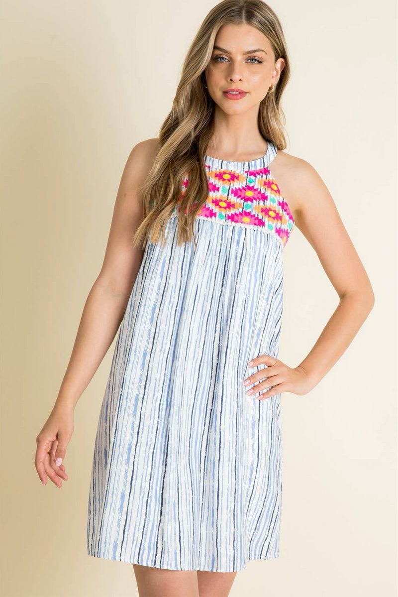 THML - Stripe Embroidered Halter Dress: