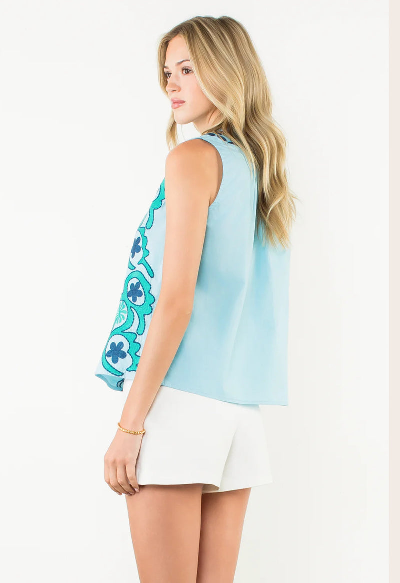 THML-Embroidered Sleeveless Top Sky Blue