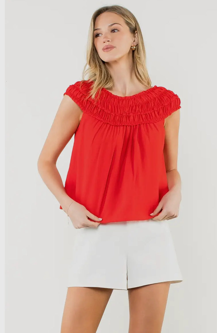 THM: Selma Shirred Round Neck Blouse in Red