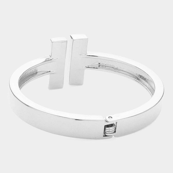 Sensibling Corp: Geometric Metal T Bar Hinged Bangle Bracelet in Silver