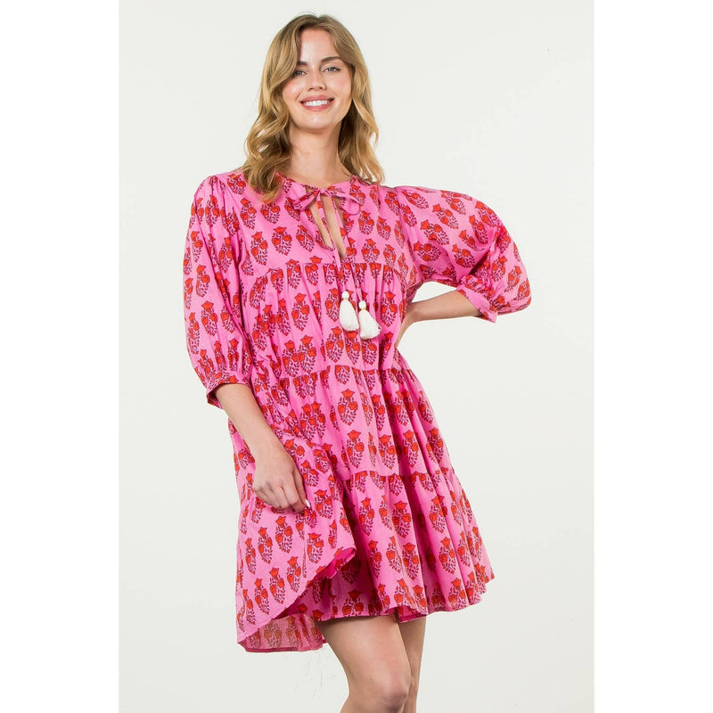 THML - 3/4  Sleeve Pink Flower Print Dress