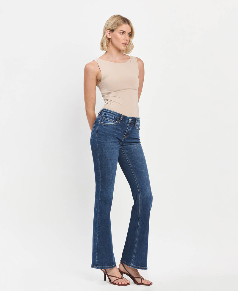 FLYING MONKEY - LOW RISE BRAIDED BELT LOOP FLARE DARK WASH JEANS