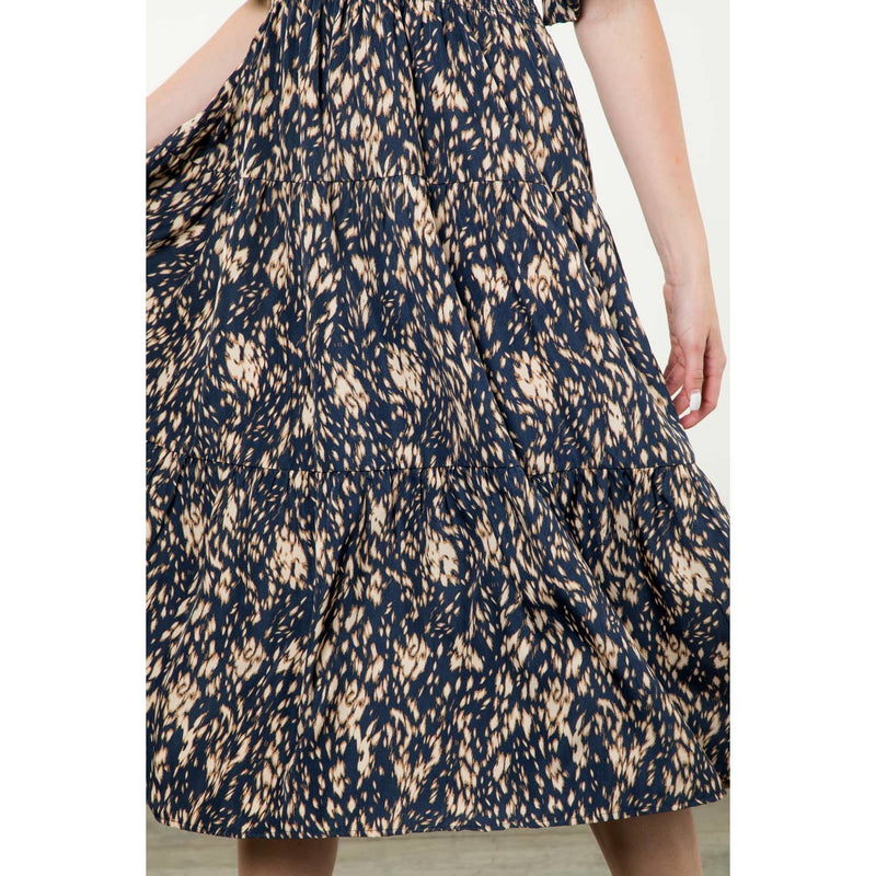 THML - Puff Sleeve Print Tiered Maxi Dress: NAVY