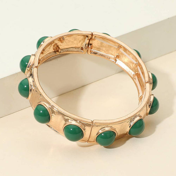 Sensibling Corp: Bead Pearl Embellished Hammered Metal Stretch Bracelet in Green