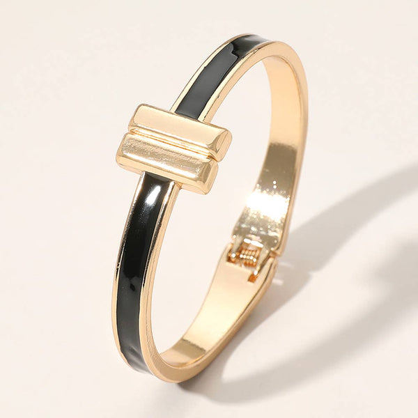 Sensibling Corp: Metal Bar Tip Enamel Hinged Bangle Bracelet in Black