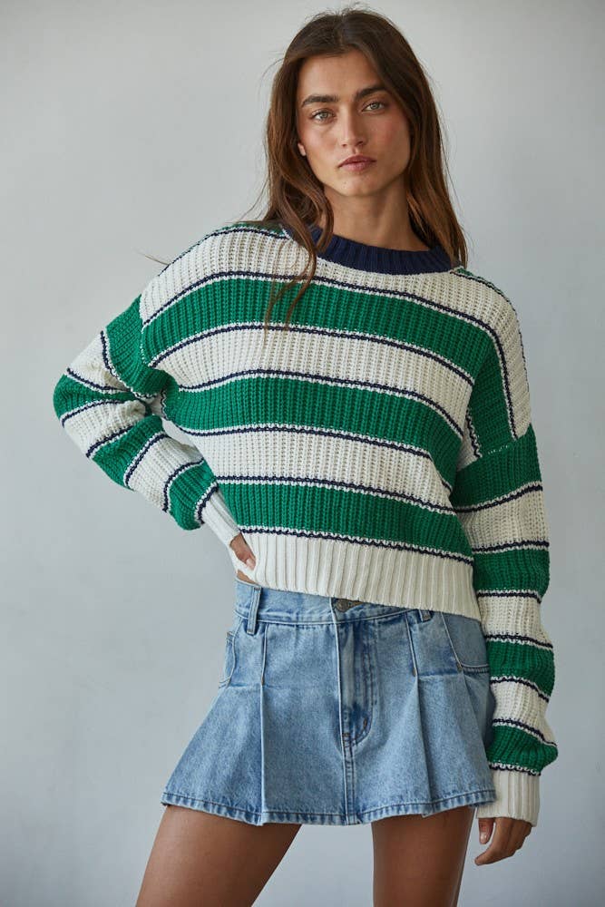 By Together:  Striped Crew Neck Sweater in Cream & Green