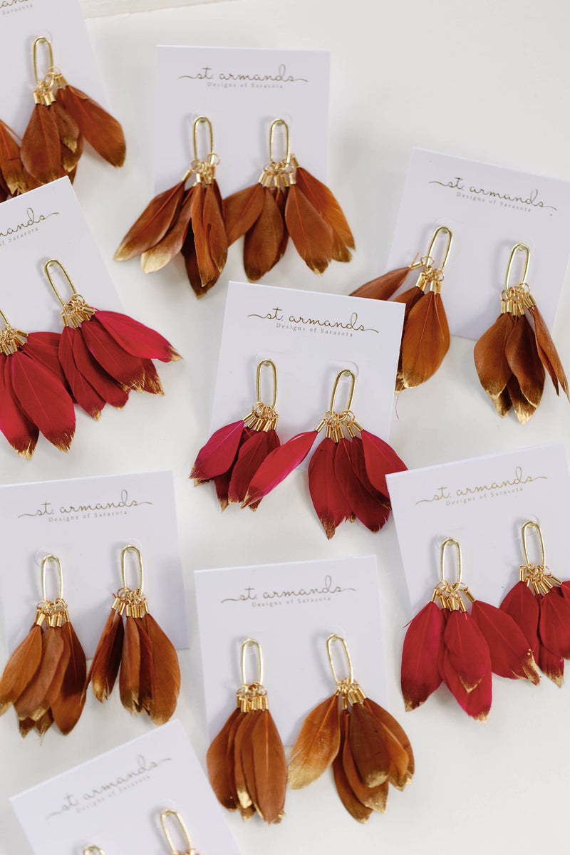 St Armands Designs of Sarasota - Garnet Gold Dipped Fall Feather Statement Earrings