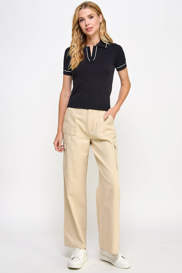 Ellison Contrasting Trim Knit Polo: Black
