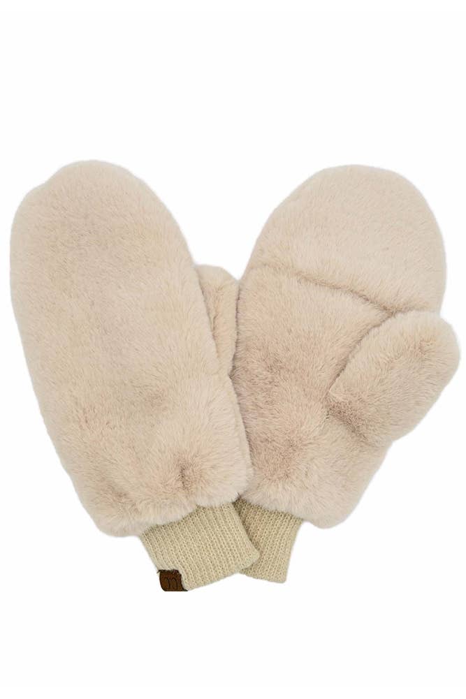Hana: C.C Faux Fur Mittens with Lining: Beige