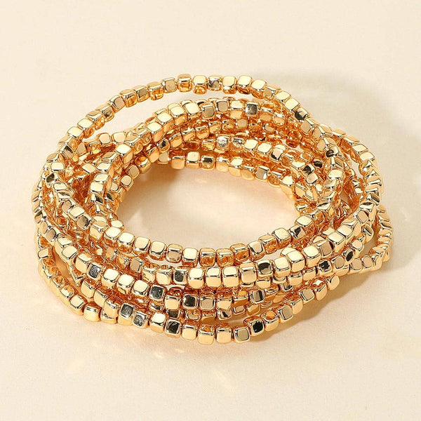 Sensibling Corp: Metallic Beaded Stretch Multi Layered Bracelets in Gold
