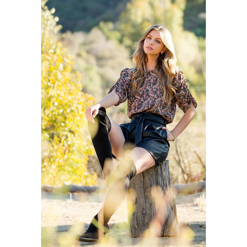 THML: Paisley Flower Print Ruched Sleeve Blouse