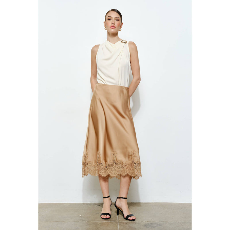 INA - Classic Silky with Lace Hem Midi Skirt: WINE