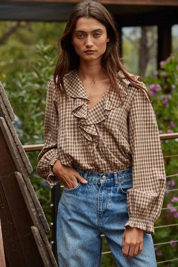 By Together: Woven Cotton Gingham Ruffled Blouse