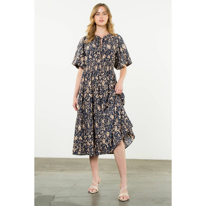 THML - Puff Sleeve Print Tiered Maxi Dress: NAVY