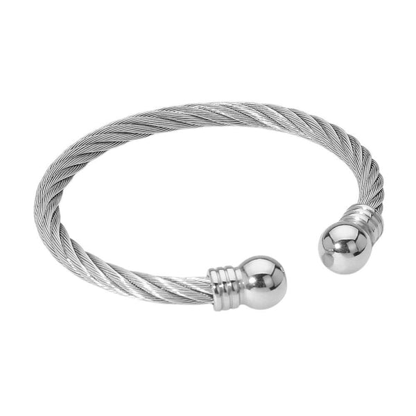 Sensibling Corp: Stainless Steel Polished Ball Tip Cable Cuff Bracelet in Silver