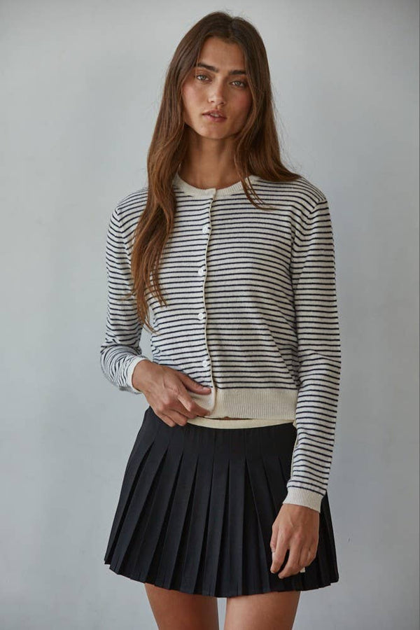 By Together: Striped Crew Neck Cardigan in Natural Black
