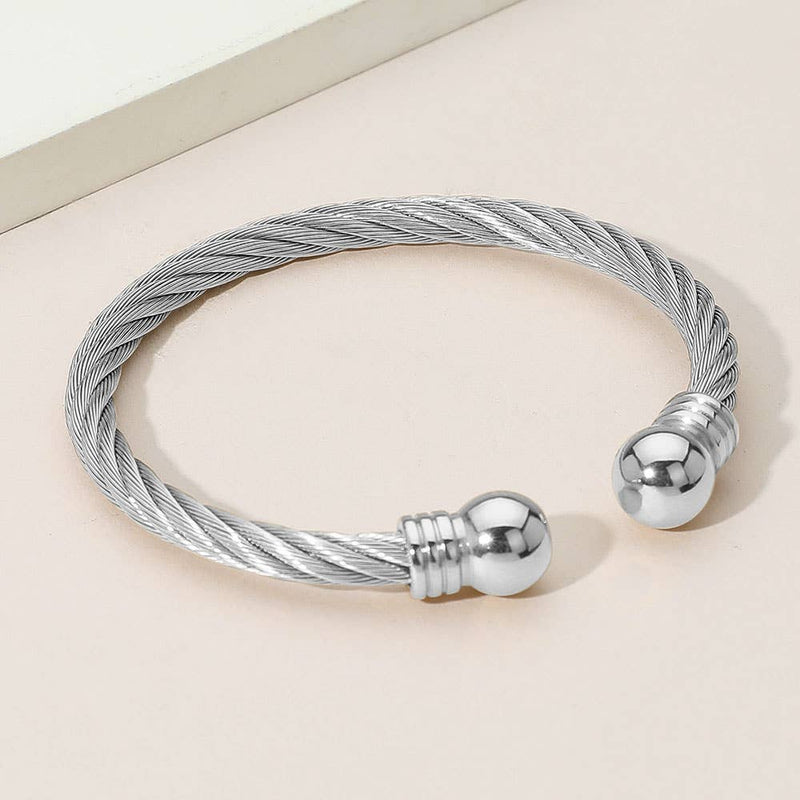 Sensibling Corp: Stainless Steel Polished Ball Tip Cable Cuff Bracelet in Silver