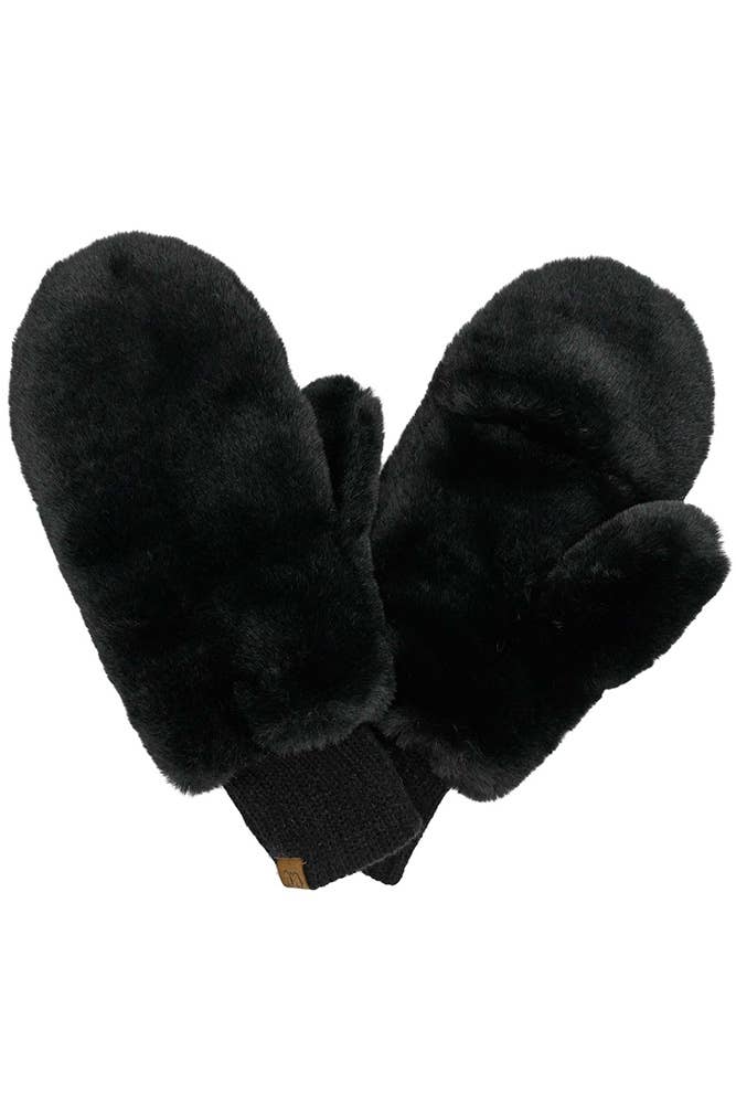 Hana: C.C Faux Fur Mittens with Lining in Black