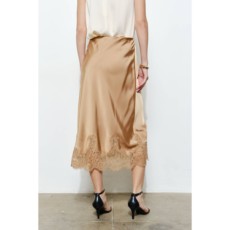 INA - Classic Silky with Lace Hem Midi Skirt: WINE