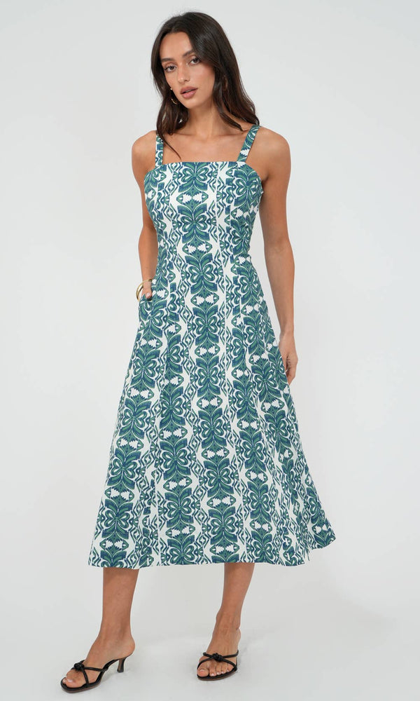 Greylin - Hilary Linen Midi Dress: Green/Teal