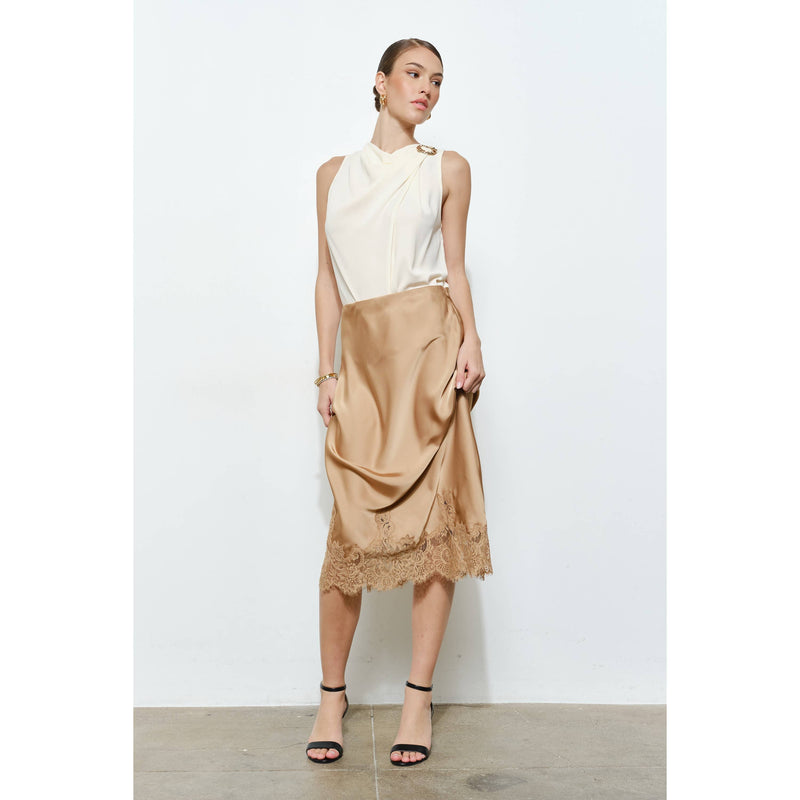 INA - Classic Silky with Lace Hem Midi Skirt: WINE